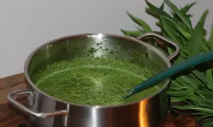 En kastrull med grön spenatsoppa, redo för ett enkelt spenatsoppa recept. Gröna blad syns i bakgrunden.