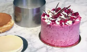 En rosa hallontårta med choklad och vita dekorationer. Bredvid ligger en bakring och delar av en tårta, redo för ett nytt tårta recept.