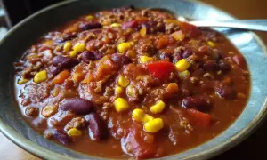 En skål med mustig chili con carne, full av bönor, majs och köttfärs. Perfekt för en mysig kväll.