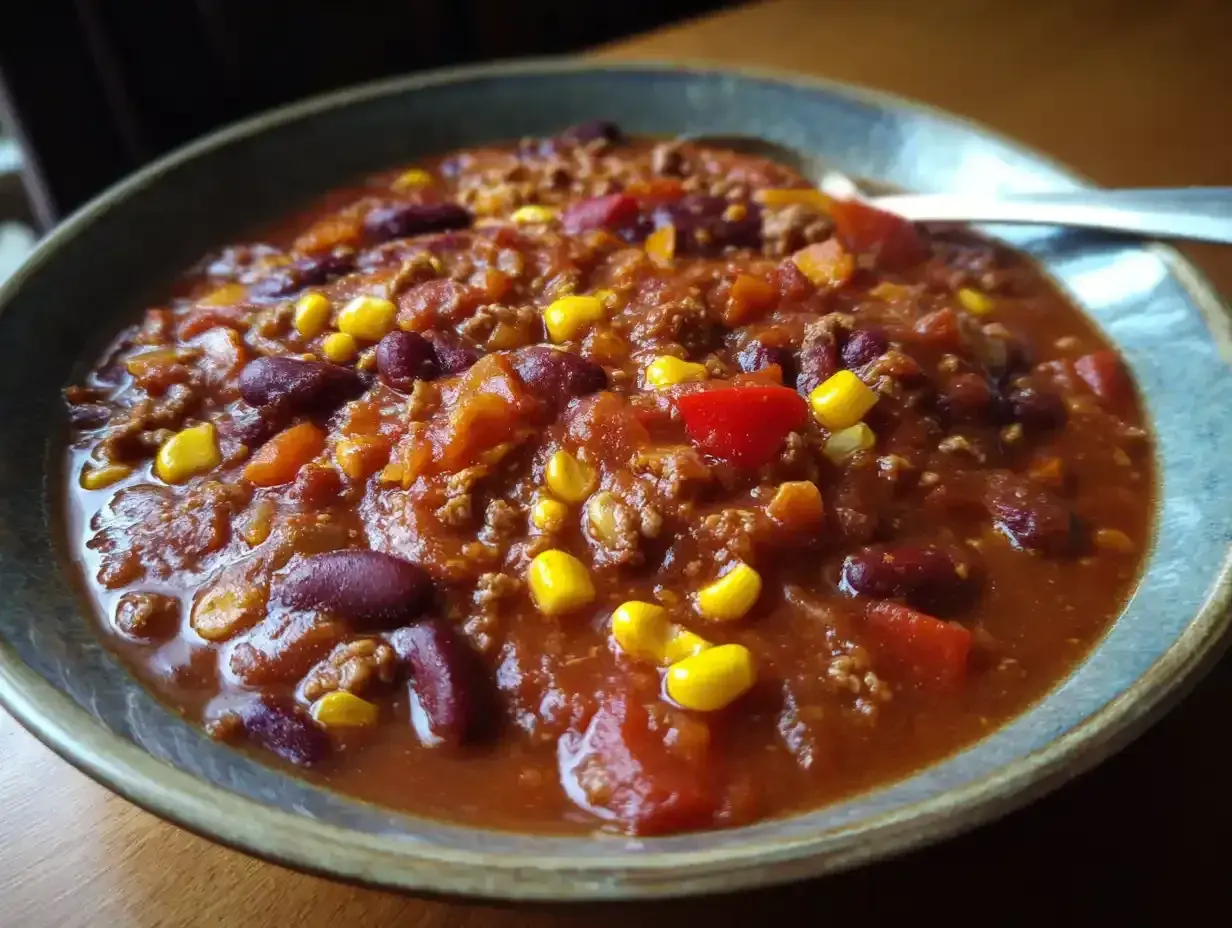 En skål med mustig chili con carne, full av bönor, majs och köttfärs. Perfekt för en mysig kväll.
