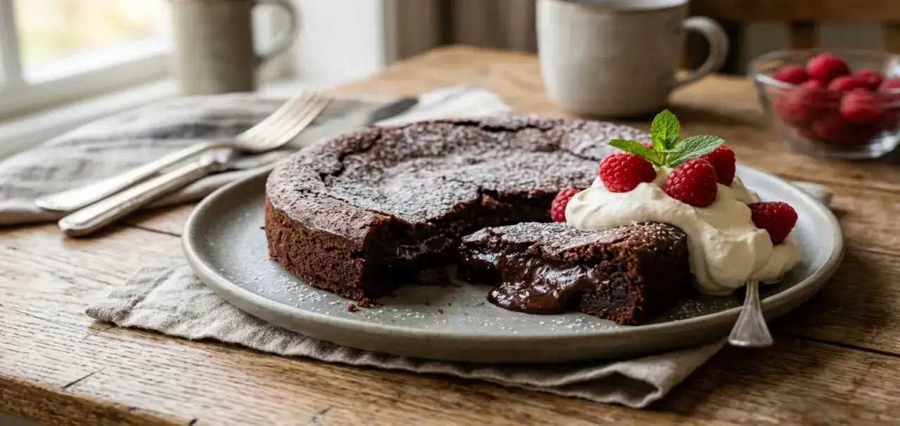En saftig kladdkaka med rinnande choklad, toppad med vispad grädde och hallon. Perfekt för alla som älskar kladdkaka recept.
