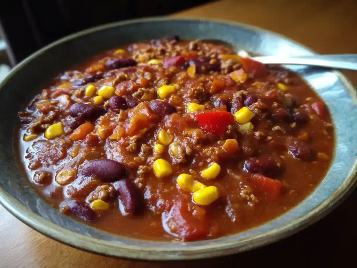 En skål med mustig chili con carne, full av bönor, majs och köttfärs. Perfekt för en mysig kväll.