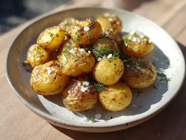 En tallrik med gyllene, krispiga potatisar tillagade i airfryer, toppade med färsk dill och flingsalt. Perfekt som tillbehör!