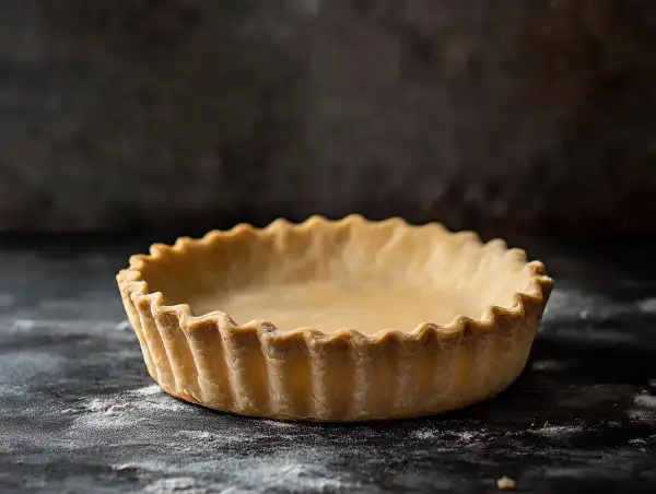 En tom, gyllene pajskal med vågiga kanter, redo för ditt bästa pajdeg recept.